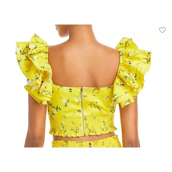 Alice + Olivia Shanae Floral Print Smocked Ruffle Crop Top | Womens L, Yellow - Picture 2 of 9